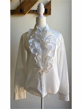 90’s Lauren Ralph Lauren White Poplin Cotton Ruffle Front Blouse Small